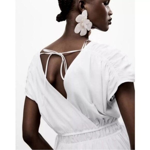NWT ZARA White Cotton Midi Dress with Tie-Back M - Picture 4 of 15